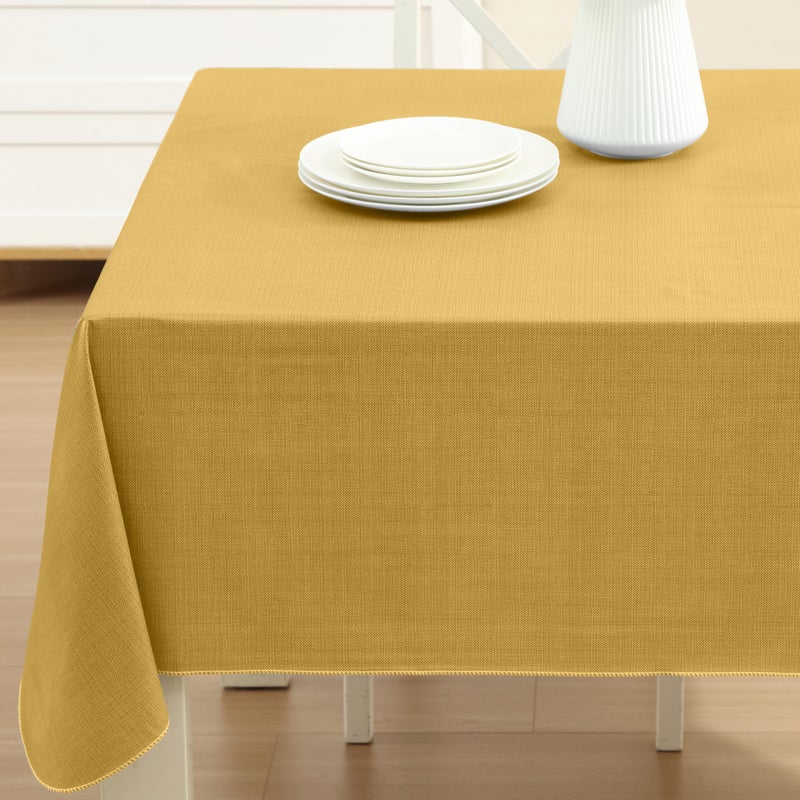 Lintex Cafe Hotel Linen Look Vinyl Flannel Backed Tablecloth, Heavyweight 4 Gauge, 52 x 52 Inch Square, Gold Indoor Outdoor Waterproof Wipe Clean Table Cover - Image 1